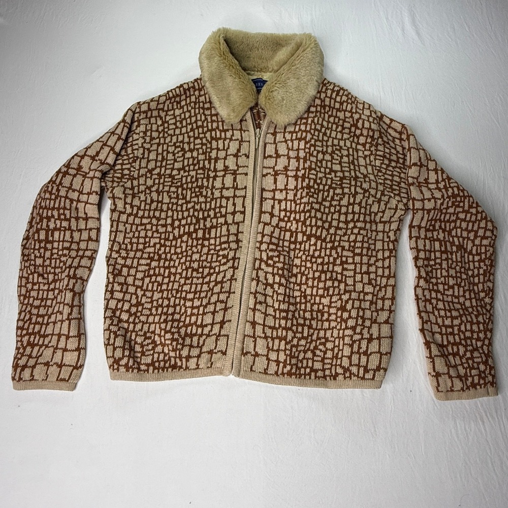 Karen Scott Faux Fur Collar Zip‎ Sweater Women's Medium Brown Tan Geometric Knit